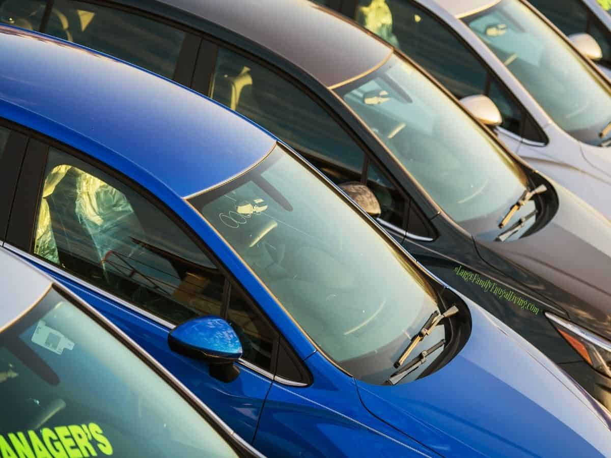 Row of multiple vehicles for sale at car lot.