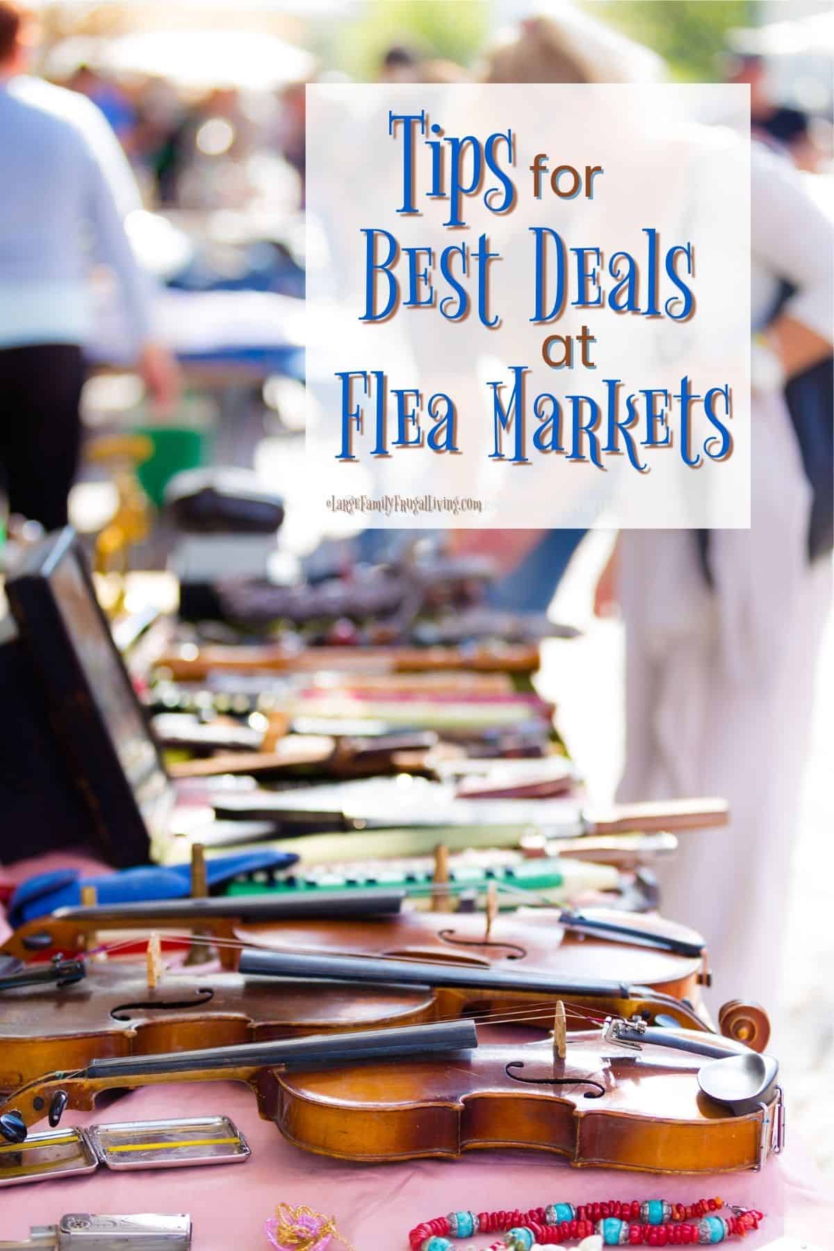 Booth with musical instruments and other colorful items being sold at outdoor flea market | Tips for Best Deals at Flea Markets