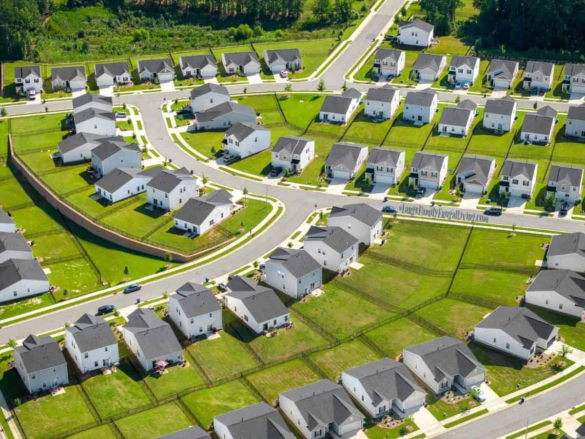 Modern suburban neighborhood, aerial view - rows of white nondescript houses with plain backyards 