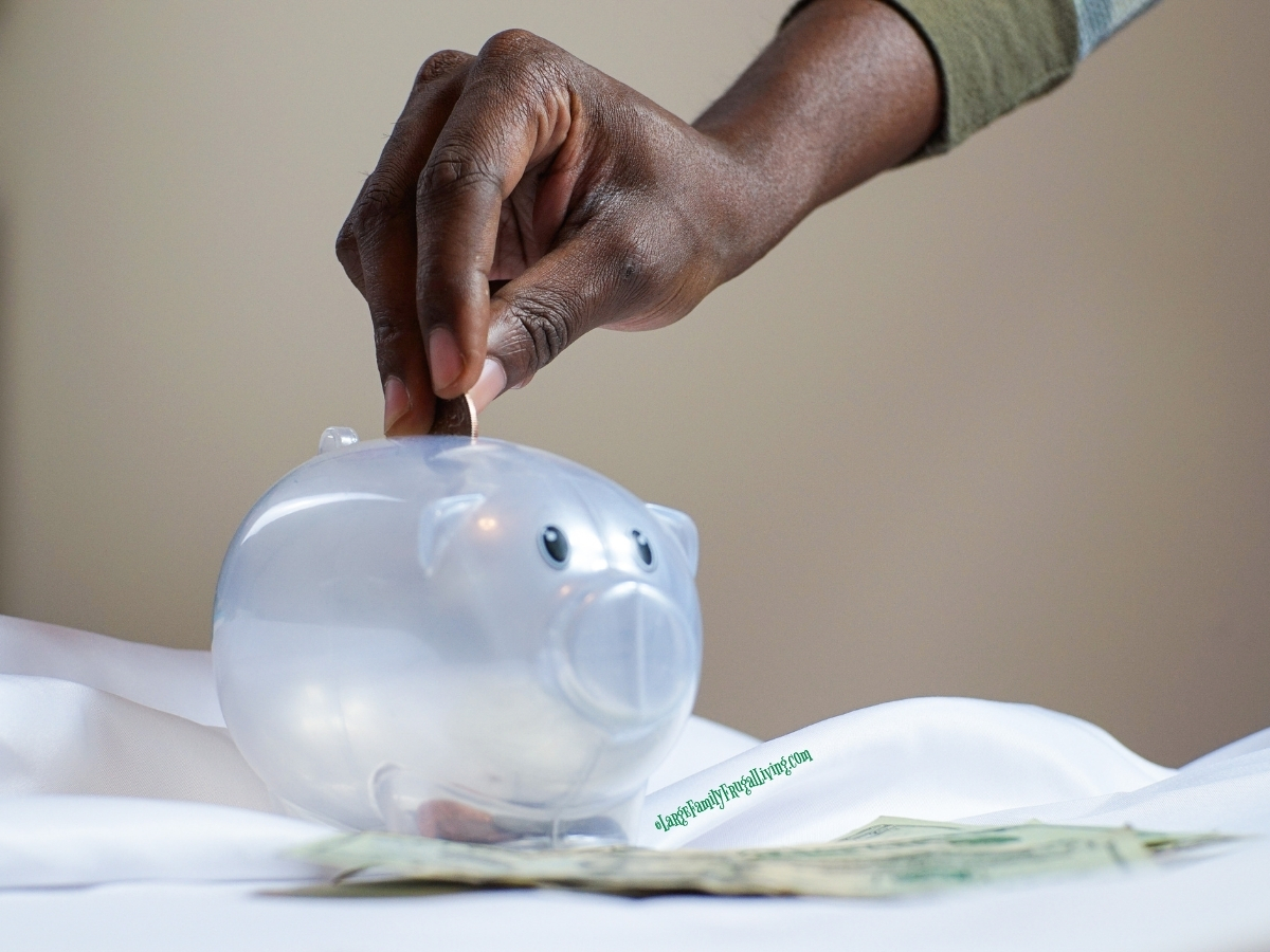 Hand dropping coins into transparent piggy bank; paper money blurred in foreground