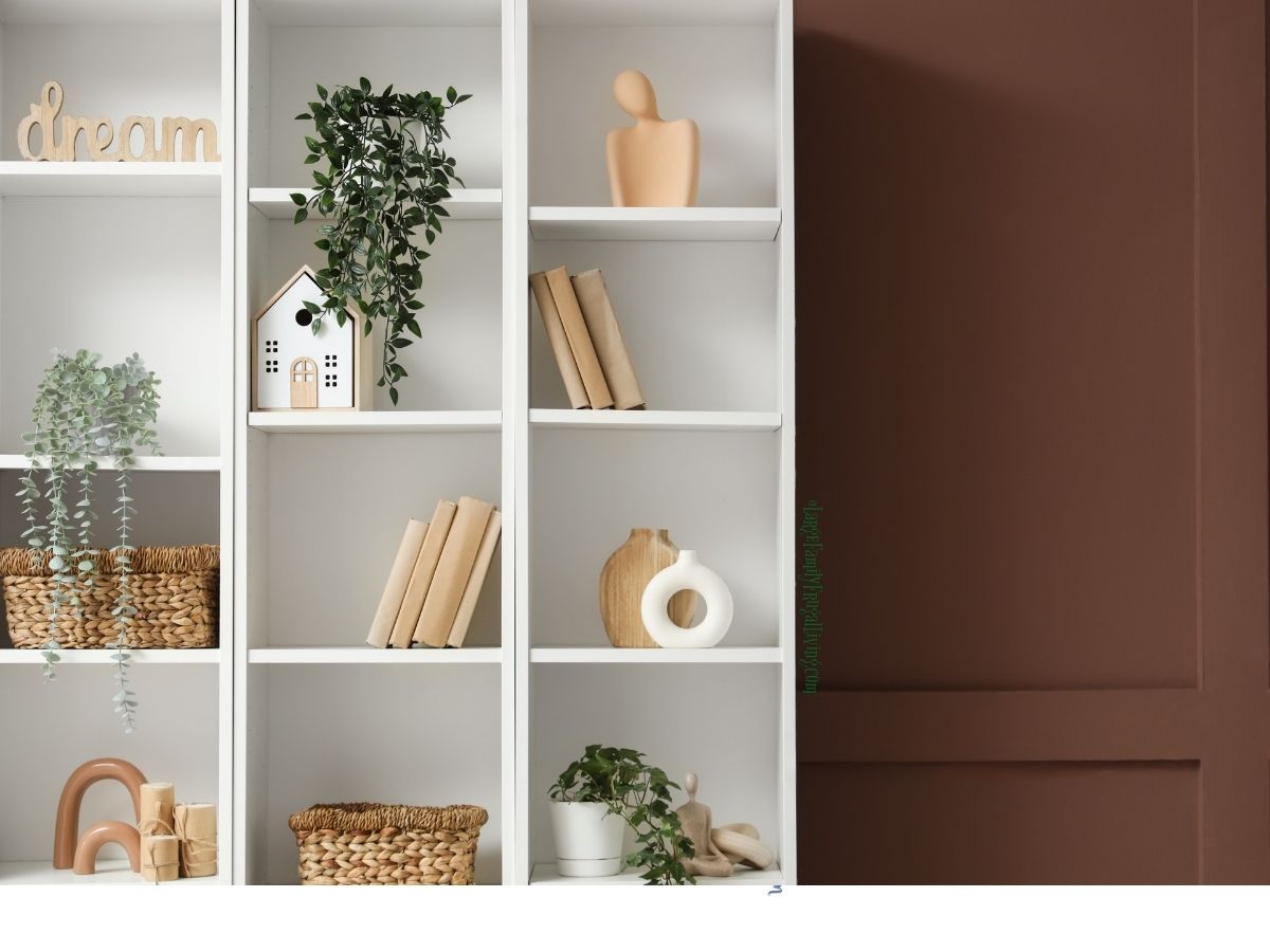 Bookshelf with Wicker Baskets and Plants near Brown Wall